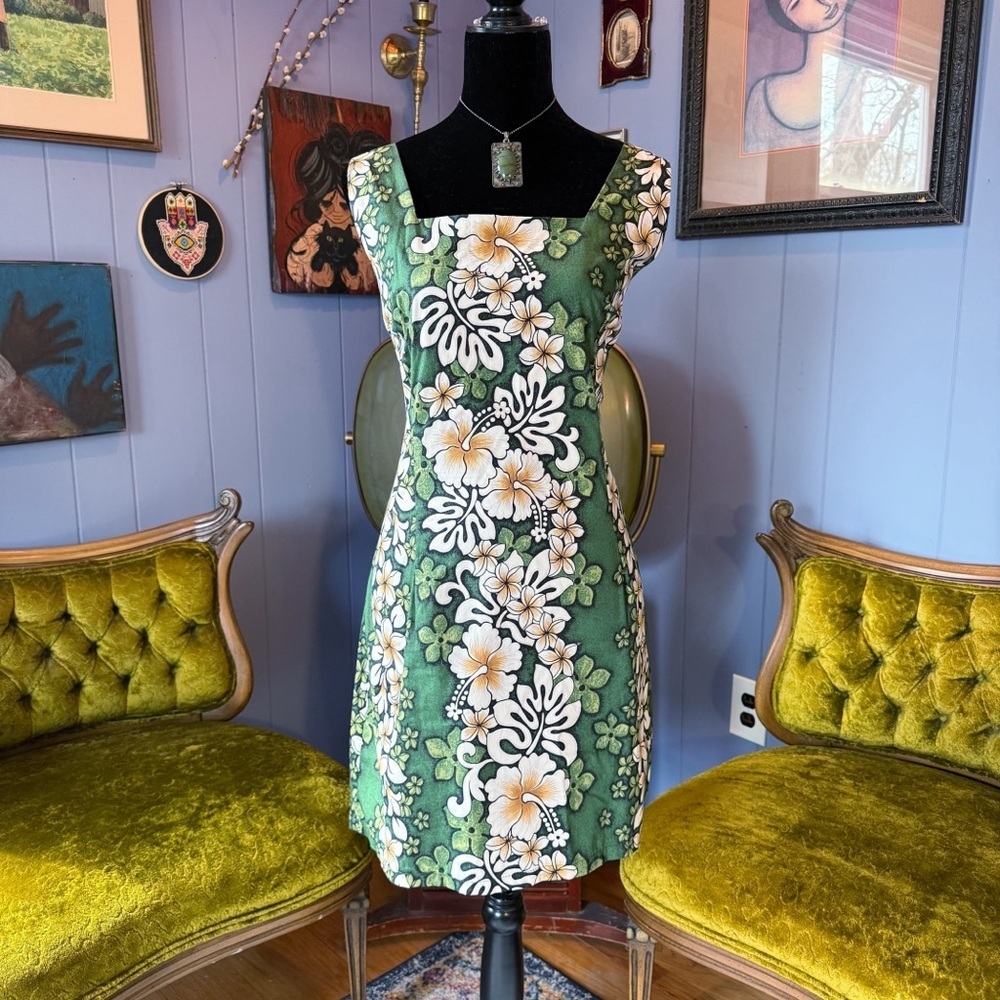 NWOT Vintage 70s/80s Hoku Made In Hawaii Green Floral Hibiscus Dress Size L/XL